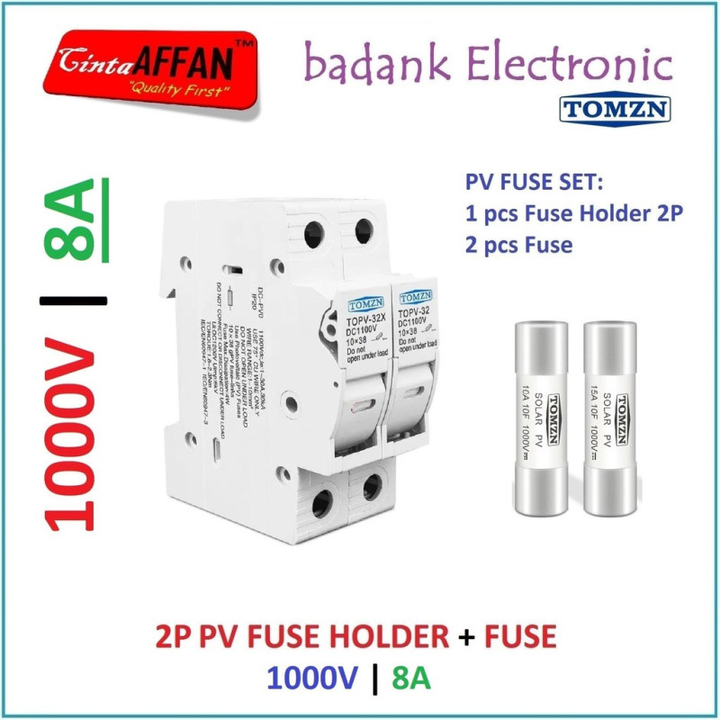 8A - PV DC Fuse Holder 2P with Fuse 8 A 1000V Solar Cell Panel Surya